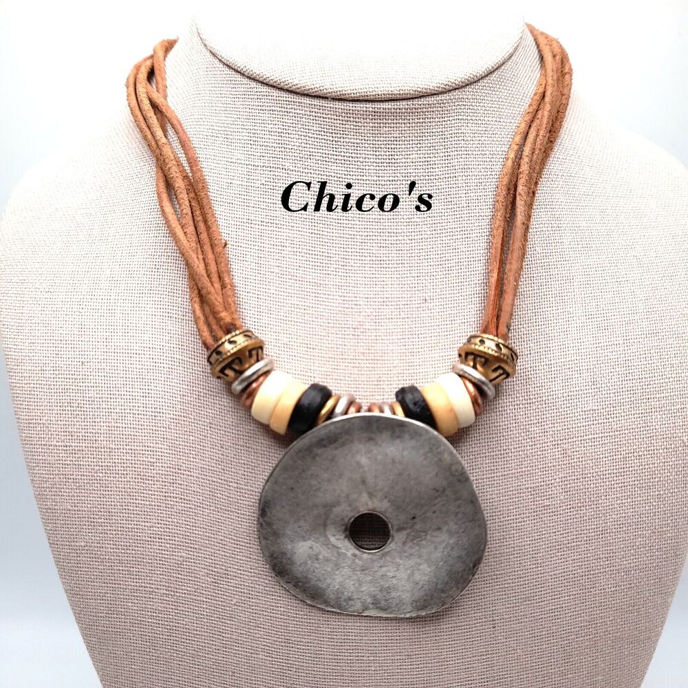 Chico's Suede Cord Silver Pendant Necklace, Neutral Beads, 20"